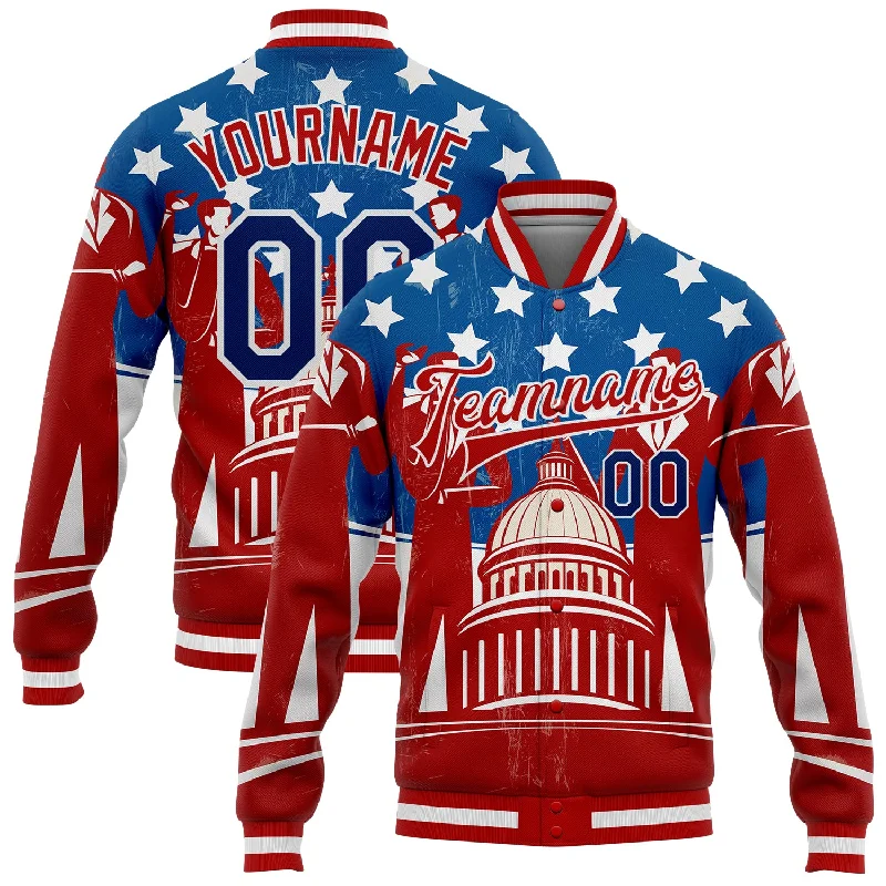 Gender-Neutral Clothing Styles Classic Modern Offers Custom Red US Navy Blue-Royal American Flag Fashion United States Congress Building 3D Pattern Design Bomber Full-Snap Varsity Letterman Jacket