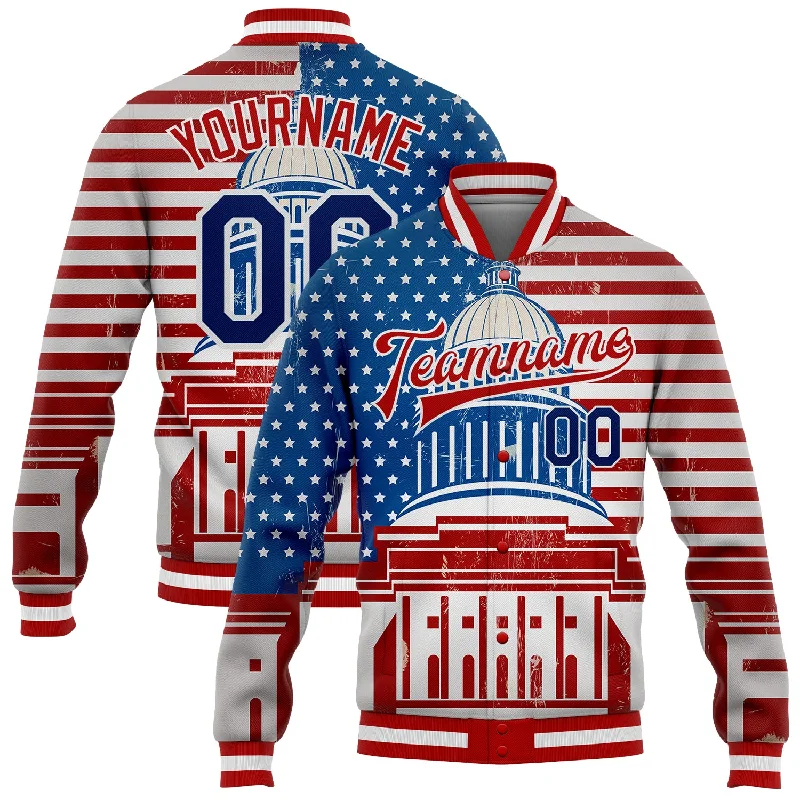 Versatile Unisex Layering Pieces Contemporary Casual Deals Custom Red US Navy Blue-Royal American Flag Fashion United States Congress Building 3D Pattern Design Bomber Full-Snap Varsity Letterman Jacket