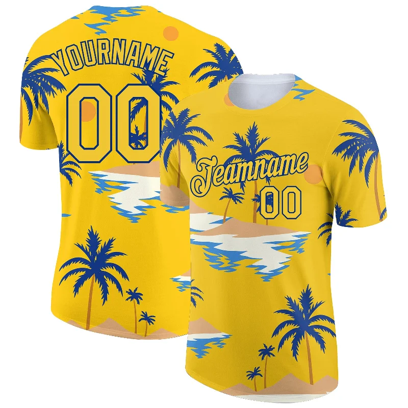 Stylish Unisex Outfit Ideas Enjoy Discount Custom Yellow Royal 3D Pattern Design Sun Beach Hawaii Palm Trees Performance T-Shirt