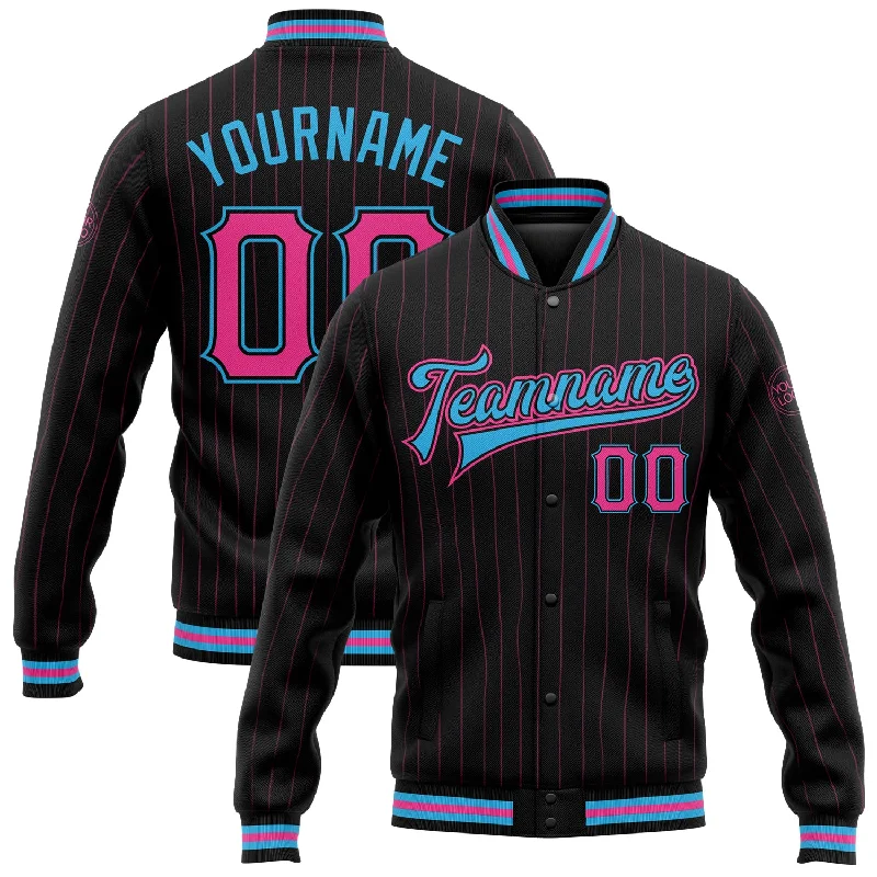 Everyday Wear For Men And Women Discover Now Custom Black Pink Pinstripe Sky Blue Bomber Full-Snap Varsity Letterman Jacket