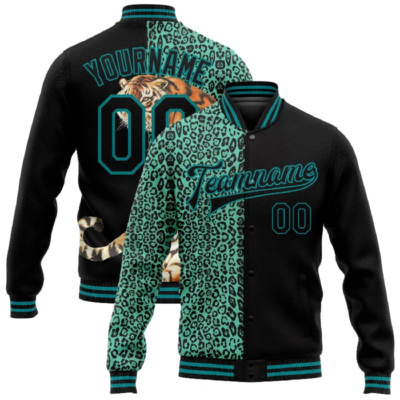 Oversized And Relaxed Unisex Fashion Weekend Exclusive Custom Black Teal Tiger And Leopard Print 3D Pattern Design Bomber Full-Snap Varsity Letterman Jacket