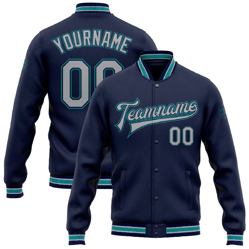 Trendy Unisex Budget Friendly Custom Navy Gray-Teal Bomber Full-Snap Varsity Letterman Jacket