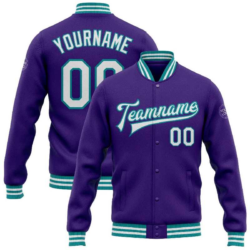 All-Season Unisex Clothing Collection Budget-Friendly Fashion Custom Purple White-Teal Bomber Full-Snap Varsity Letterman Jacket