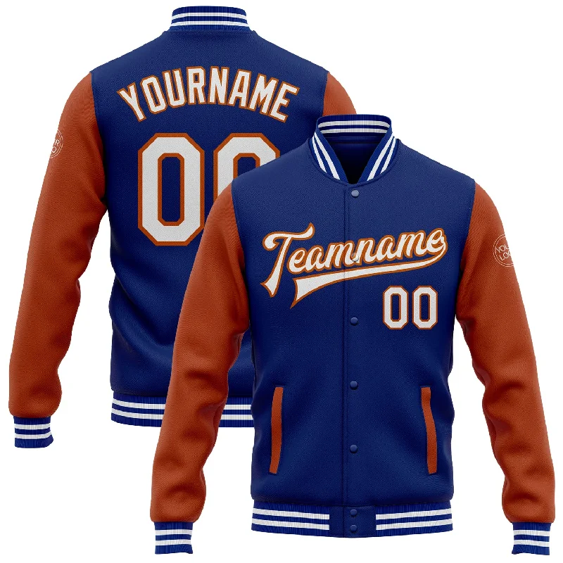 Trendy Unisex Streetwear Fashion Sale Event, Prices Rock Custom Royal White-Texas Orange Bomber Full-Snap Varsity Letterman Two Tone Jacket