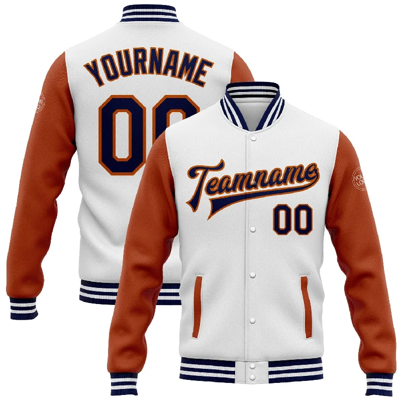 Functional And Stylish Unisex Wear Day-To-Night Styles Custom White Navy-Texas Orange Bomber Full-Snap Varsity Letterman Two Tone Jacket