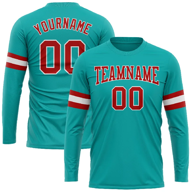 Fashion-Forward Gender-Neutral Outerwear Style Redefined Custom Aqua Red-White Long Sleeve Performance T-Shirt