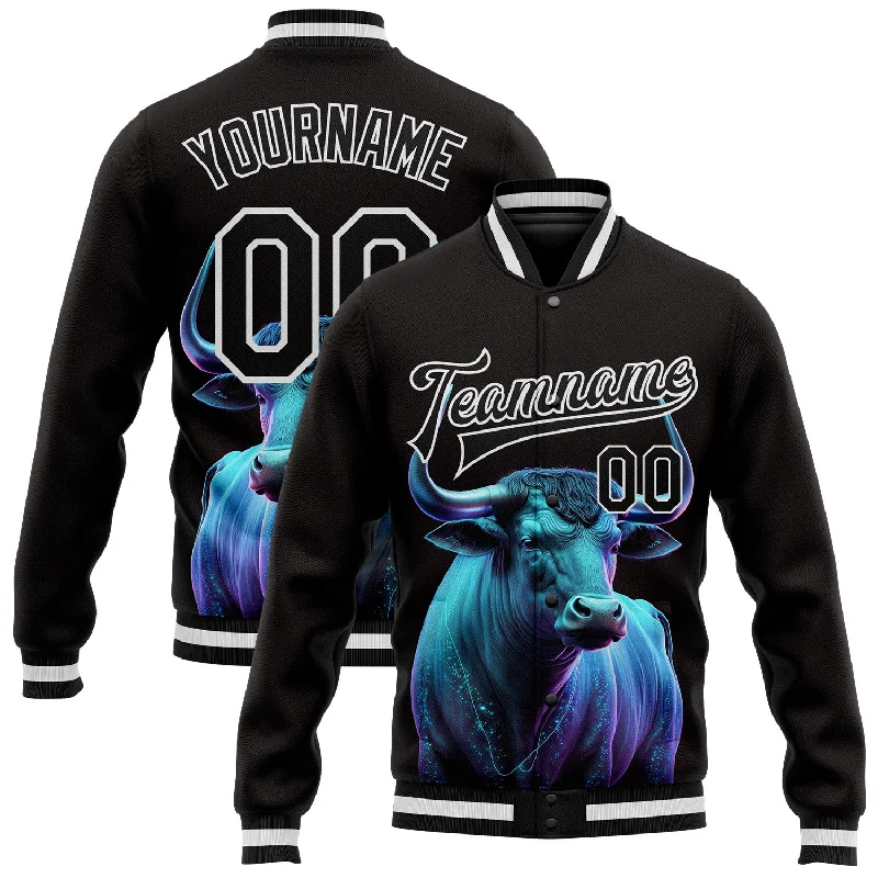 Classic And Timeless Gender-Neutral Fashion Feminine Style Promotions Custom Black White A Blue Bull With Blue Horns 3D Pattern Design Bomber Full-Snap Varsity Letterman Jacket