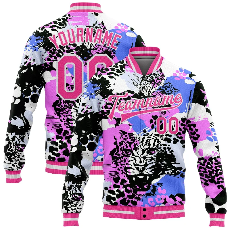 Unisex Everyday Fashion Essentials Trendy Women'S Wear Collection Custom Black Pink-White Leopard 3D Pattern Design Bomber Full-Snap Varsity Letterman Jacket