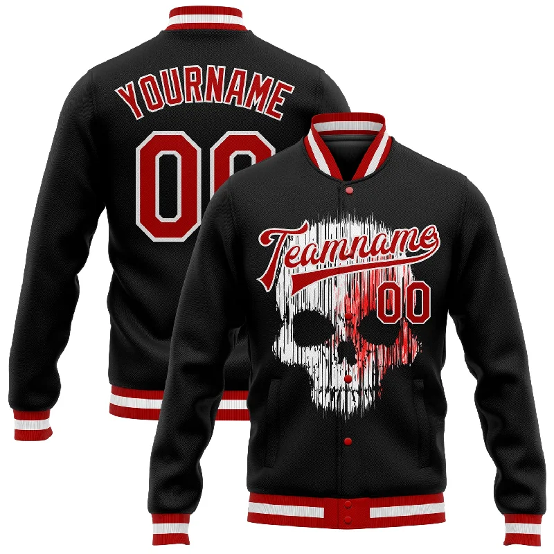 Sleek And Stylish Unisex Outerwear Hot Items Custom Black Red-White Skull Fashion 3D Bomber Full-Snap Varsity Letterman Jacket