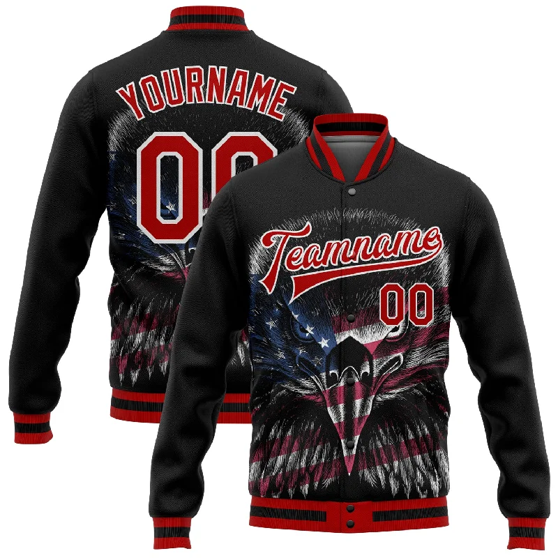 Modern Unisex Streetwear Outfits Urban Elegance Deals Custom Black Red-White Eagle With American Flag 3D Pattern Design Bomber Full-Snap Varsity Letterman Jacket