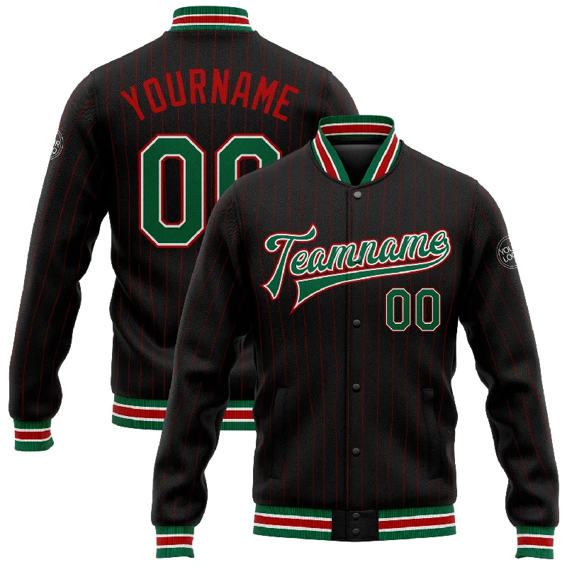 Gender-Neutral Fashion For Everyday Style Holiday Glam Custom Black Red Pinstripe Kelly Green-White Bomber Full-Snap Varsity Letterman Jacket