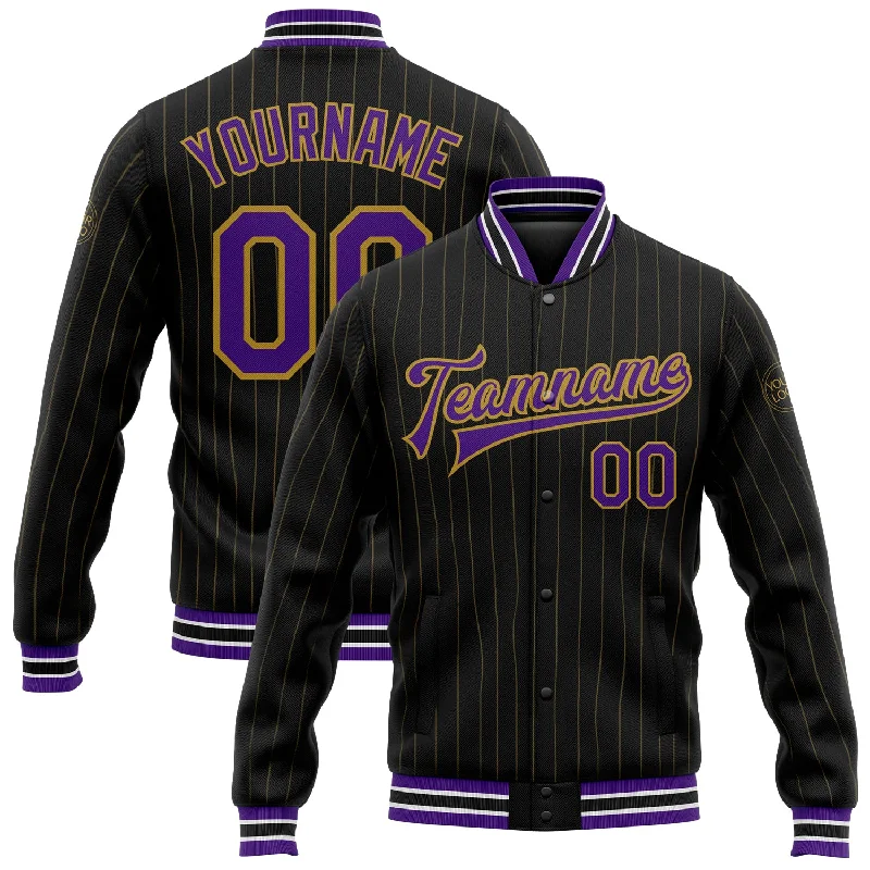 Elegant And Minimal Gender-Free Clothing Style Upgrade Custom Black Old Gold Pinstripe Purple-White Bomber Full-Snap Varsity Letterman Jacket