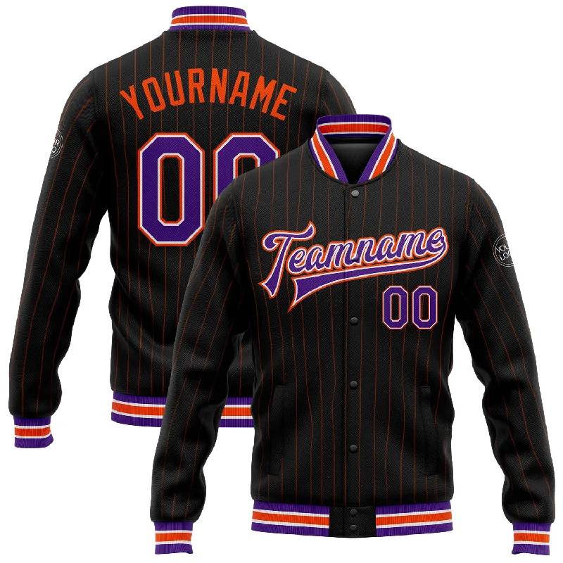 Versatile And Stylish Unisex Apparel Forward Trendsetter Custom Black Orange Pinstripe Purple-White Bomber Full-Snap Varsity Letterman Jacket