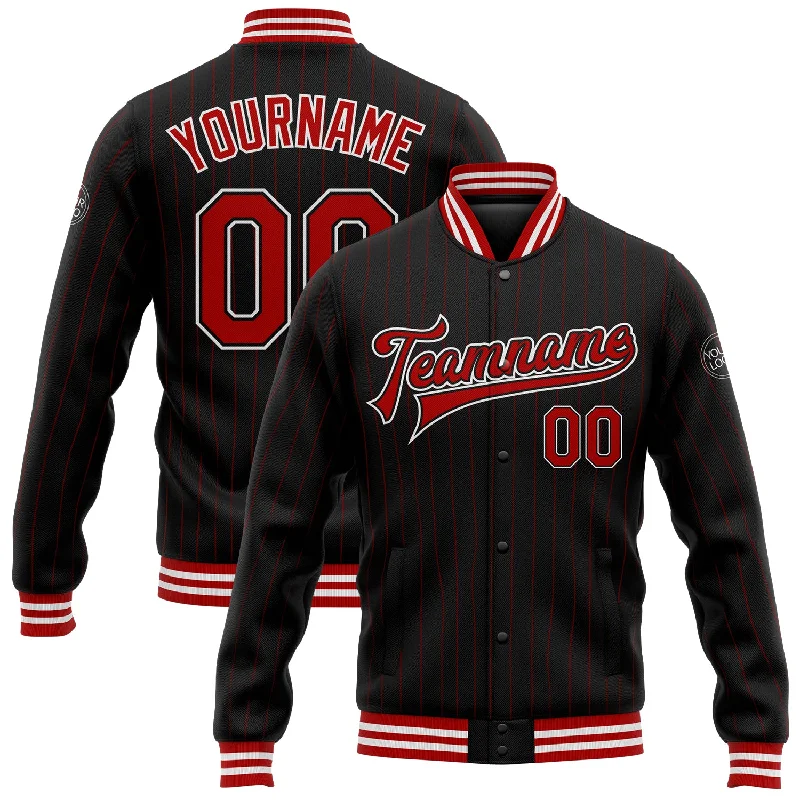 Soft And Breathable Unisex Loungewear Comfort Meets Fashion Custom Black Red Pinstripe Red-White Bomber Full-Snap Varsity Letterman Jacket