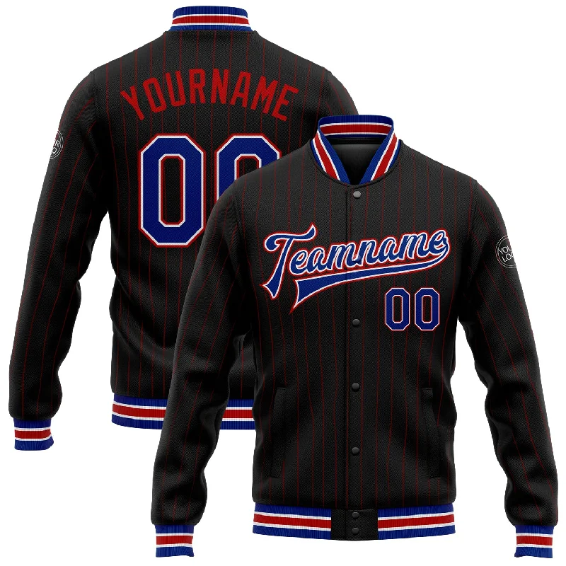 Versatile Gender-Free Wardrobe Essentials Enjoy Discount Custom Black Red Pinstripe Royal-White Bomber Full-Snap Varsity Letterman Jacket