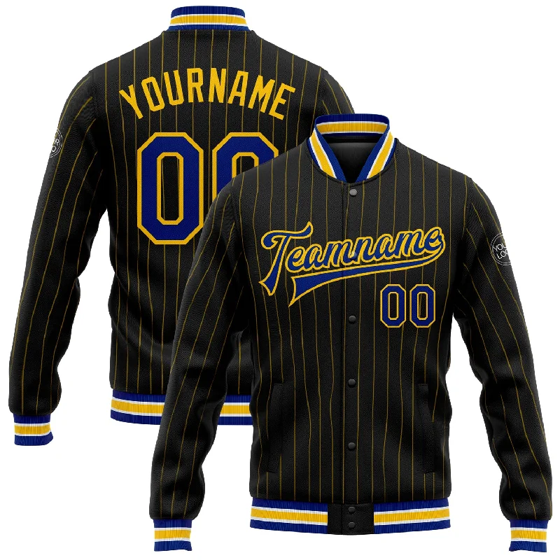 Casual Yet Sophisticated Unisex Fashion Catch Every Fashion Trend Custom Black Yellow Pinstripe Royal-White Bomber Full-Snap Varsity Letterman Jacket