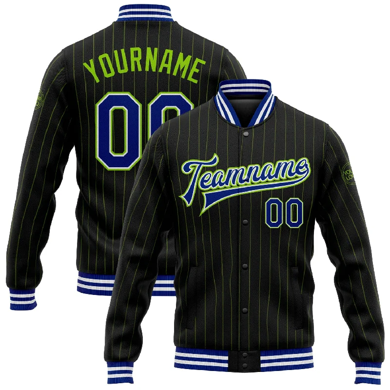 Comfortable And Stylish Unisex Outfits Sale Event, Prices Rock Custom Black Neon Green Pinstripe Royal-White Bomber Full-Snap Varsity Letterman Jacket