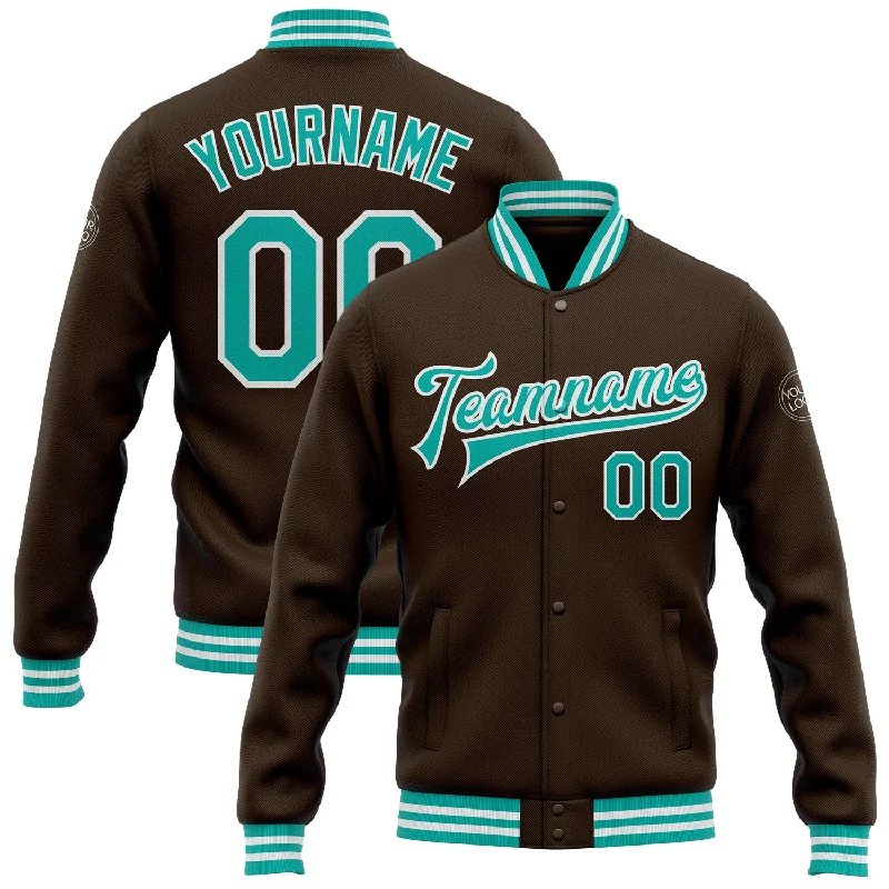 Breathable And Lightweight Unisex Wear Chic Trend Collection Custom Brown Aqua-White Bomber Full-Snap Varsity Letterman Jacket