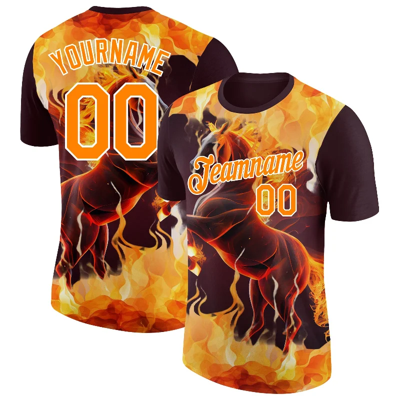 Contemporary Gender-Free Clothing Styles Trendy Styles Custom Brown Bay Orange-White 3D Pattern Design Animal Horse In Flames Performance T-Shirt