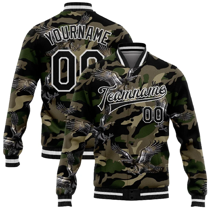 Functional And Stylish Unisex Outerwear Chic Trends Unveiled Custom Camo Black-White Eagle 3D Pattern Design Bomber Full-Snap Varsity Letterman Salute To Service Jacket