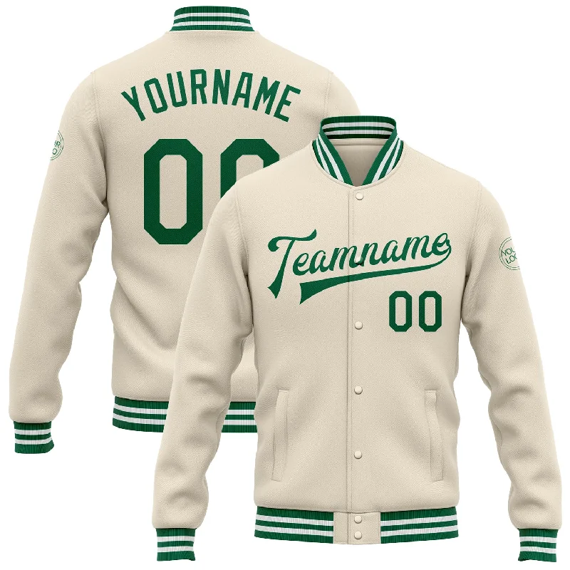 Functional And Stylish Unisex Outerwear Swimwear Summer Blowout Custom Cream Kelly Green-White Bomber Full-Snap Varsity Letterman Jacket