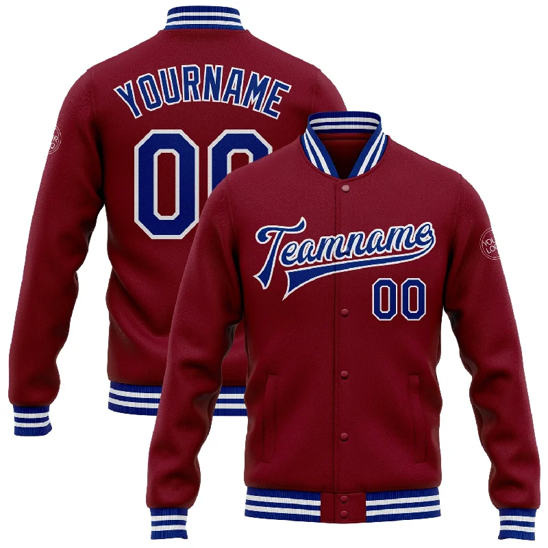 Breathable And Lightweight Unisex Wear Premium Style Offers Custom Crimson Royal-White Bomber Full-Snap Varsity Letterman Jacket