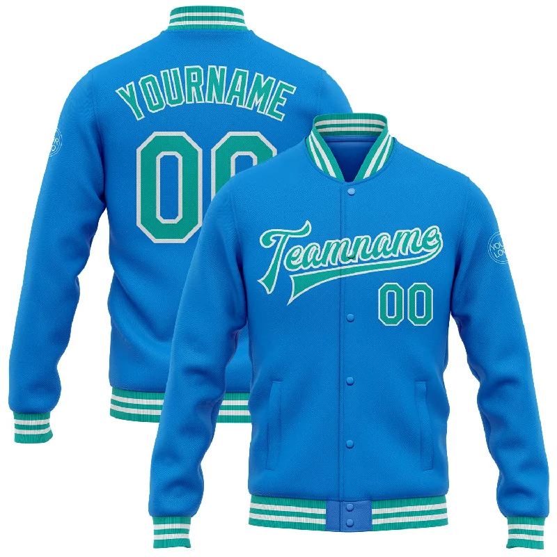 Versatile Clothing For All Genders Refined Fashion Sale Custom Powder Blue Aqua-White Bomber Full-Snap Varsity Letterman Jacket