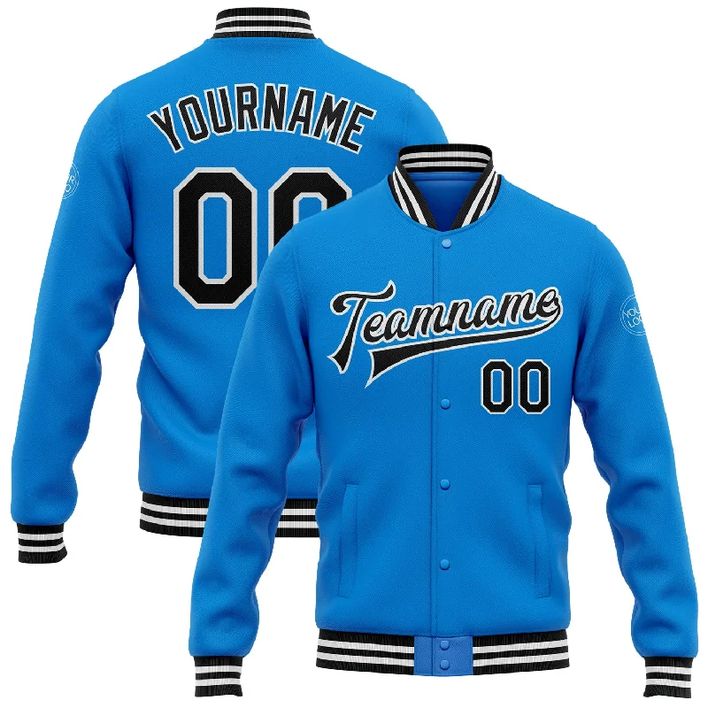 Trendy Unisex Flash Sales Custom Powder Blue Black-White Bomber Full-Snap Varsity Letterman Jacket