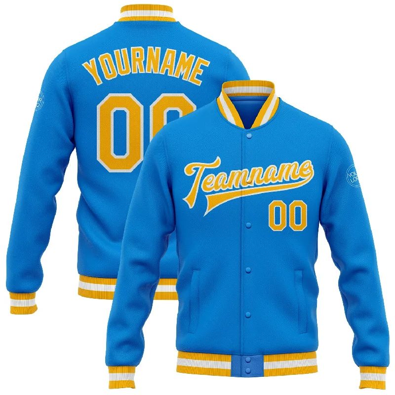 All-Season Unisex Clothing Collection Chic And Trendy Custom Powder Blue Gold-White Bomber Full-Snap Varsity Letterman Jacket