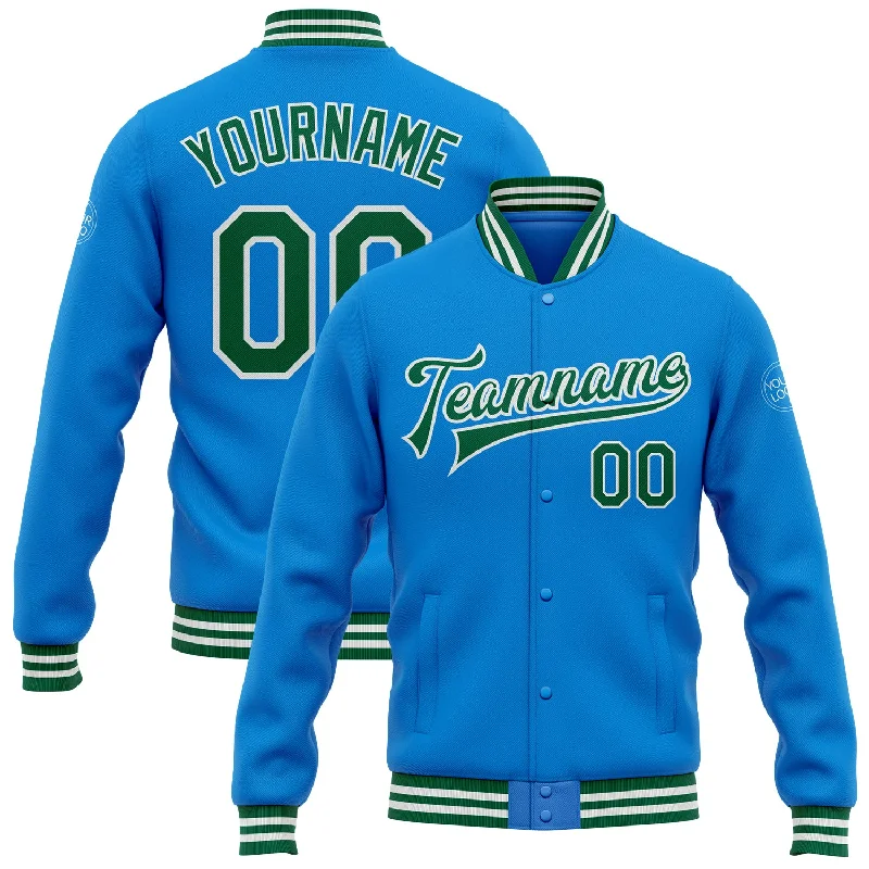 Versatile Gender-Free Wardrobe Essentials Flirty Fashion Discounts Custom Powder Blue Kelly Green-White Bomber Full-Snap Varsity Letterman Jacket