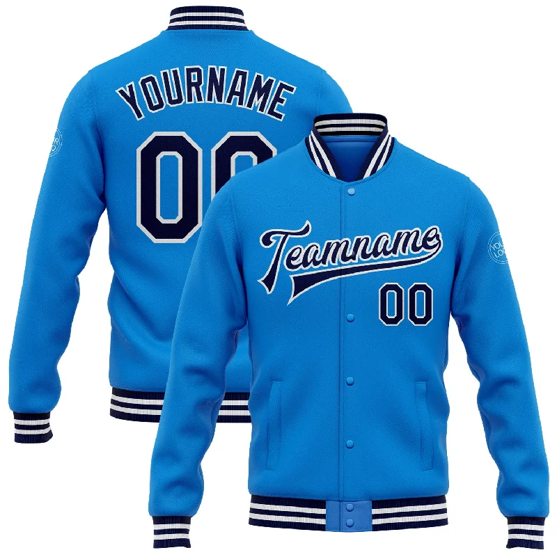 Classic And Timeless Gender-Neutral Fashion Hot Sale Custom Powder Blue Navy-White Bomber Full-Snap Varsity Letterman Jacket