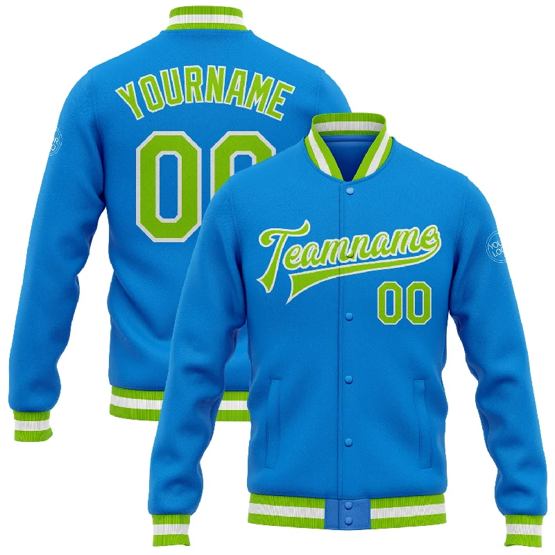 Classic And Timeless Gender-Neutral Fashion Season Offer Custom Powder Blue Neon Green-White Bomber Full-Snap Varsity Letterman Jacket