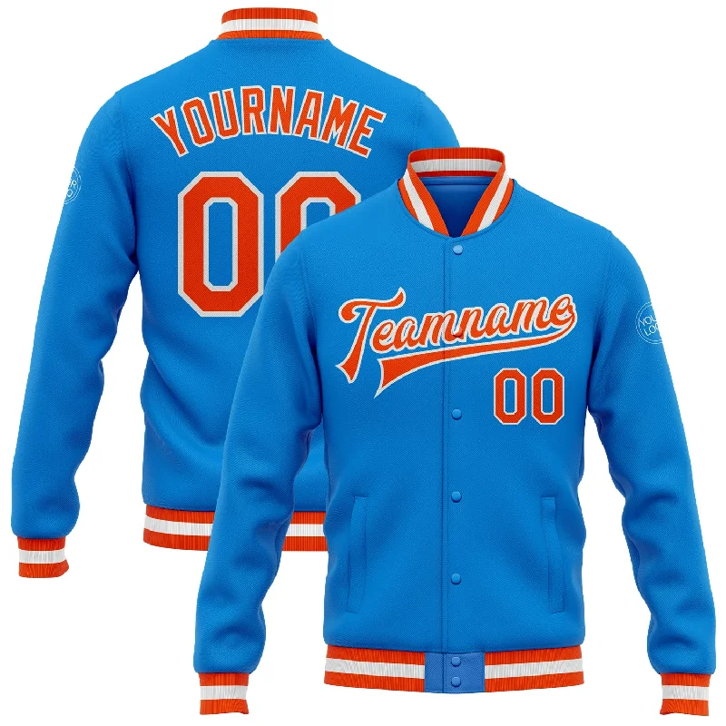 Modern Unisex Wardrobe Staples Trendy Threads Custom Powder Blue Orange-White Bomber Full-Snap Varsity Letterman Jacket