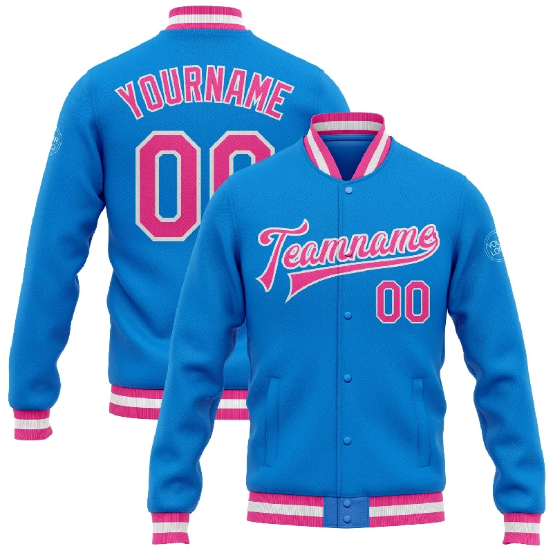 Fashion-Forward Gender-Neutral Outfit Ideas Gift Ideas Custom Powder Blue Pink-White Bomber Full-Snap Varsity Letterman Jacket