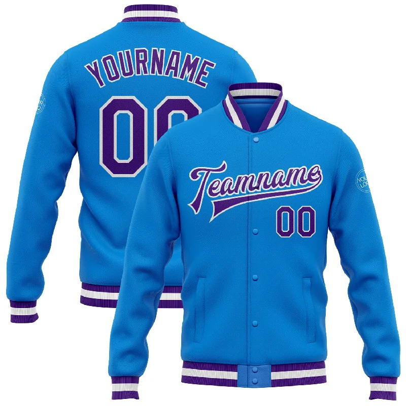 High-Quality Unisex Basics For Everyday Wear Flash Sale Starts Custom Powder Blue Purple-White Bomber Full-Snap Varsity Letterman Jacket