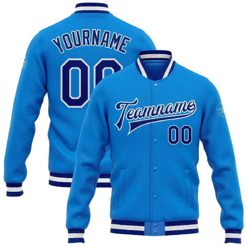 Everyday Wear For Men And Women Seasonal Clearance Custom Powder Blue Royal-White Bomber Full-Snap Varsity Letterman Jacket