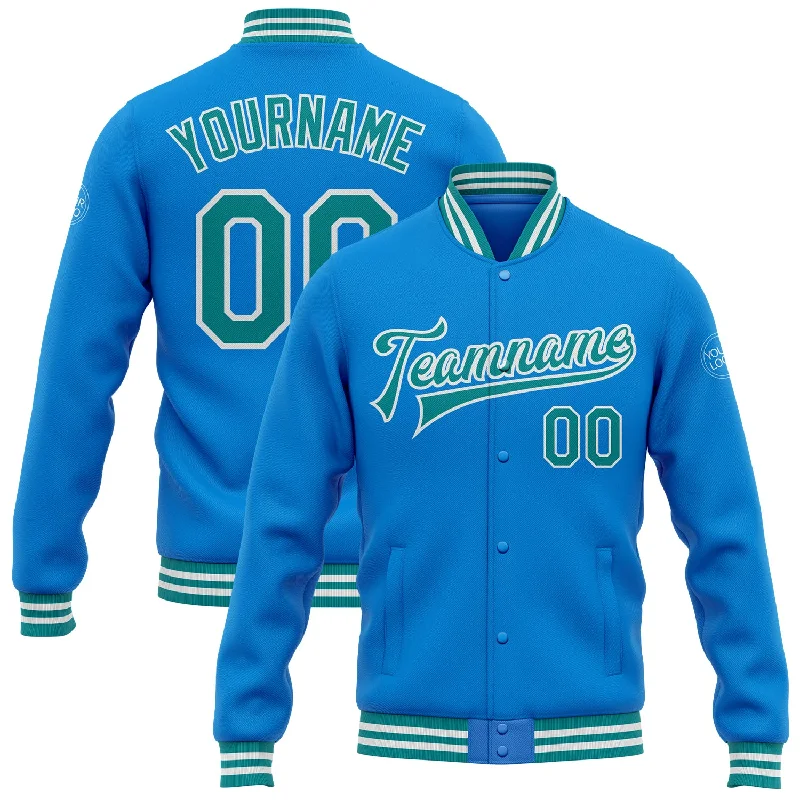 Sustainable Gender-Neutral Apparel Daring Fashion Promotions Custom Powder Blue Teal-White Bomber Full-Snap Varsity Letterman Jacket