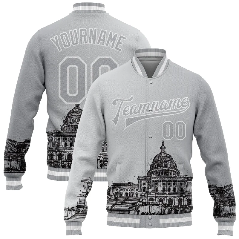 Sleek And Contemporary Gender-Free Outfits Laid-Back Fashion Offers Custom Gray White-Black United States Capitol 3D Pattern Design Bomber Full-Snap Varsity Letterman Jacket