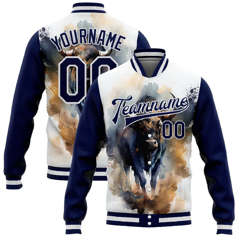 Casual And Trendy Unisex Fashion Staples Daring Fashion Promotions Custom White Navy A Bull With Horns 3D Pattern Design Bomber Full-Snap Varsity Letterman Jacket