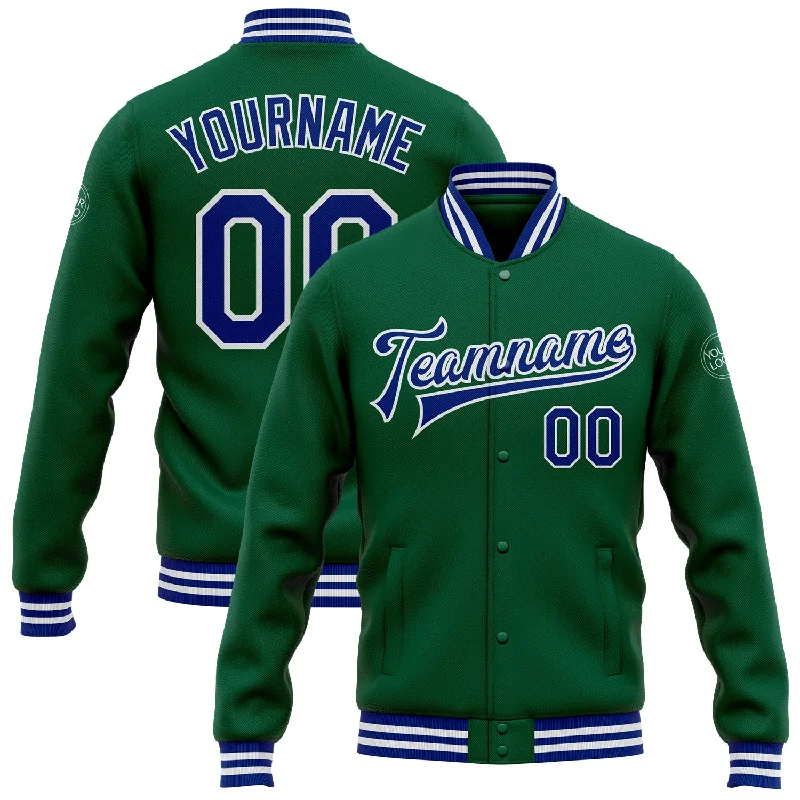 Modern Unisex Wardrobe Staples Trendy Women'S Wear Collection Custom Kelly Green Royal-White Bomber Full-Snap Varsity Letterman Jacket