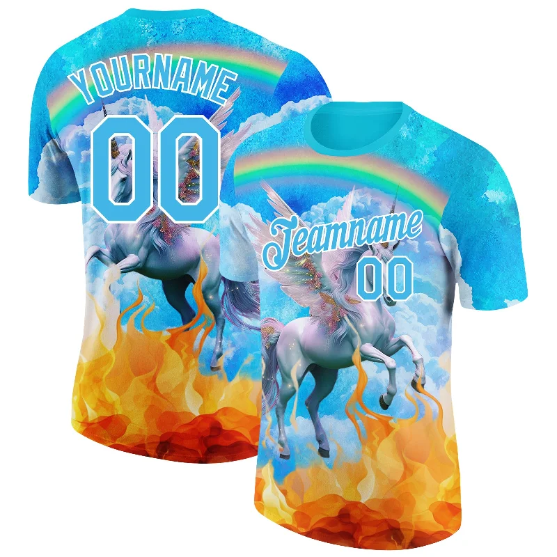 High-Quality Unisex Fashion Basics Chic Styles Custom Lakes Blue White 3D Pattern Design Unicorn Under The Rainbow Performance T-Shirt