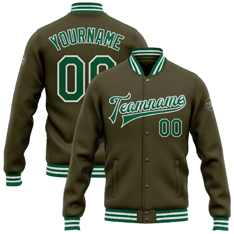 Fashion-Forward Gender-Neutral Outfit Ideas Elegant Style Custom Olive Kelly Green-White Bomber Full-Snap Varsity Letterman Salute To Service Jacket