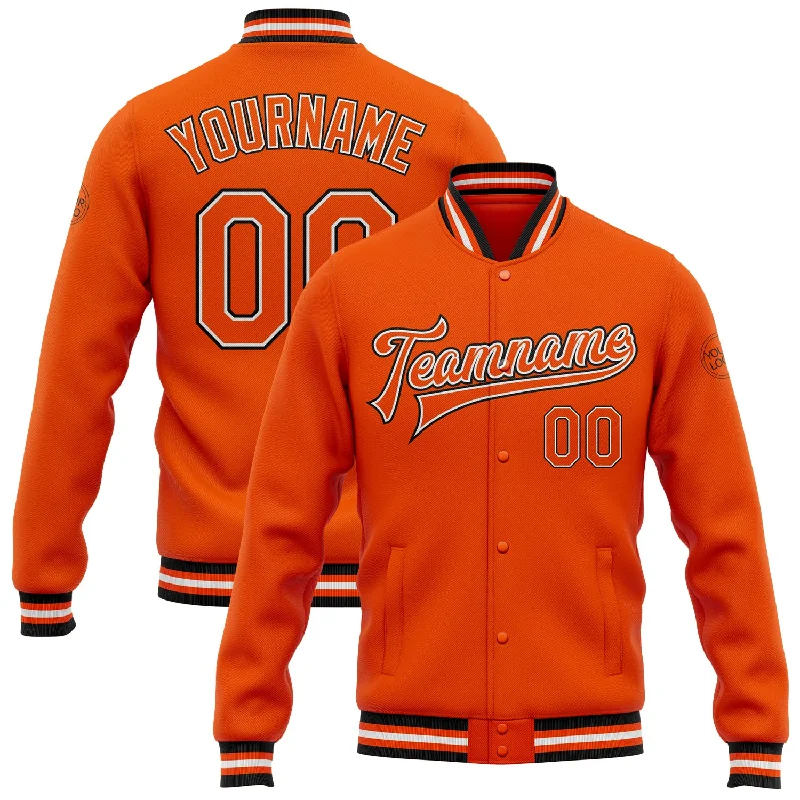 Versatile Unisex Layering Pieces Latest Fashion Custom Orange White-Black Bomber Full-Snap Varsity Letterman Jacket