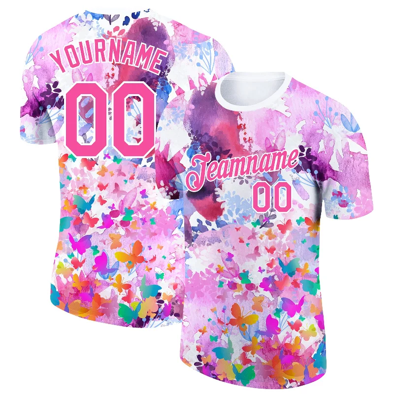 Sustainable Gender-Neutral Apparel End Of Season Sale Custom Pink White 3D Pattern Design Watercolor Butterfly Performance T-Shirt