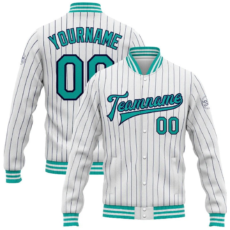 Unisex Everyday Fashion Essentials Luxury Fashion Custom White Navy Pinstripe Aqua Bomber Full-Snap Varsity Letterman Jacket