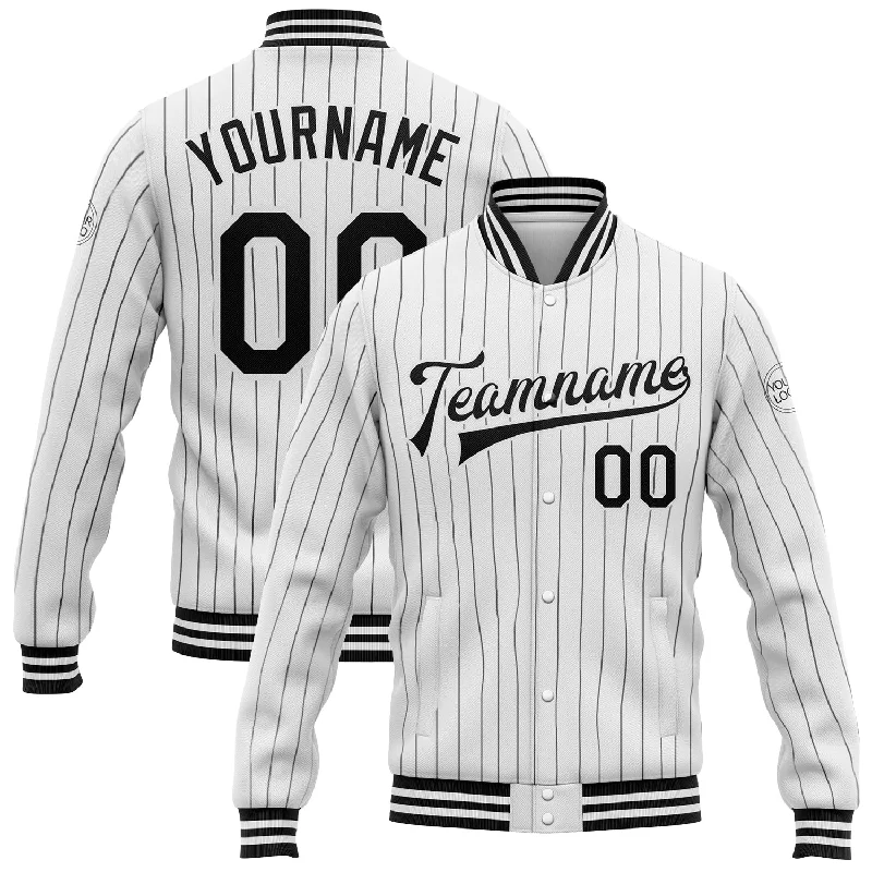 Oversized Unisex Apparel For Effortless Style Relaxed Style Deals Custom White Black Pinstripe Black Bomber Full-Snap Varsity Letterman Jacket