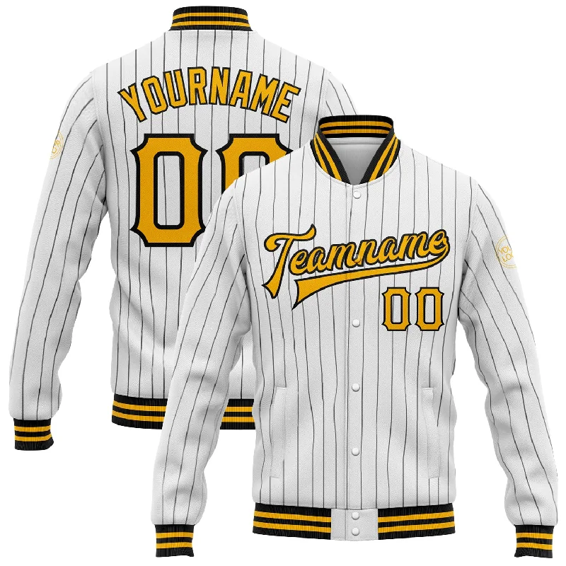 Gender-Neutral Fashion For Everyday Style Elevated Casual Discounts Custom White Black Pinstripe Gold Bomber Full-Snap Varsity Letterman Jacket