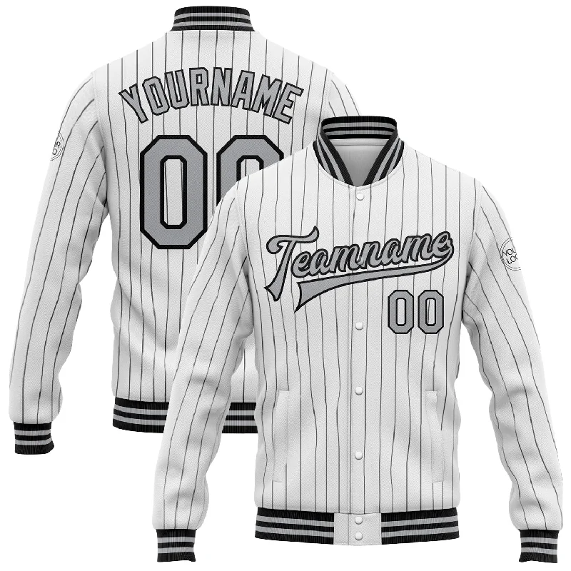 Soft And Breathable Unisex Loungewear Modish Fashion Discounts Custom White Black Pinstripe Gray Bomber Full-Snap Varsity Letterman Jacket