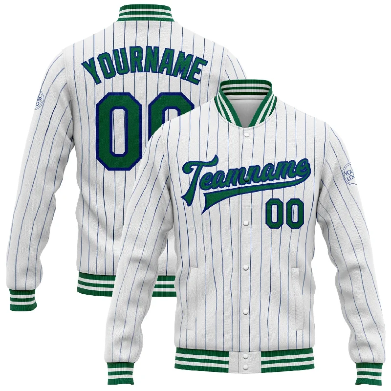 Sustainable And Ethical Unisex Clothing Fashion Forward Custom White Royal Pinstripe Kelly Green Bomber Full-Snap Varsity Letterman Jacket