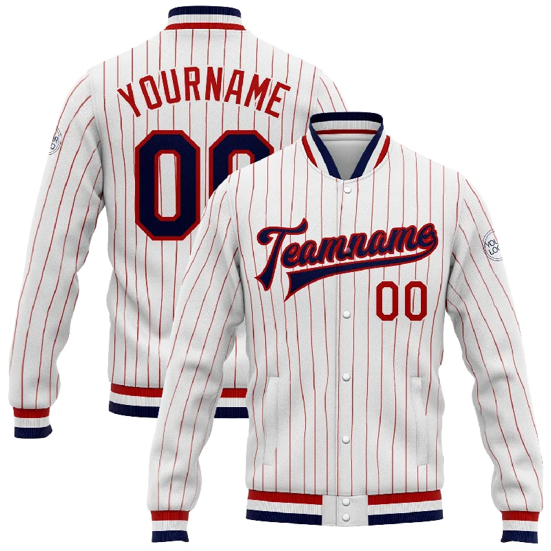 Unisex Casual Fashion Trends Best-Sellers Custom White Red Pinstripe Navy Bomber Full-Snap Varsity Letterman Jacket